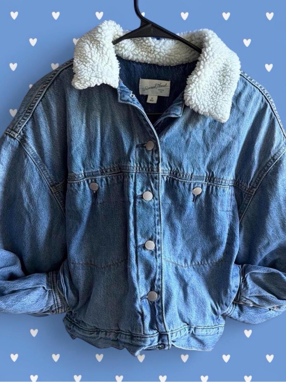Universal Thread Blue Denim Jacket with Cream Sherpa Collar